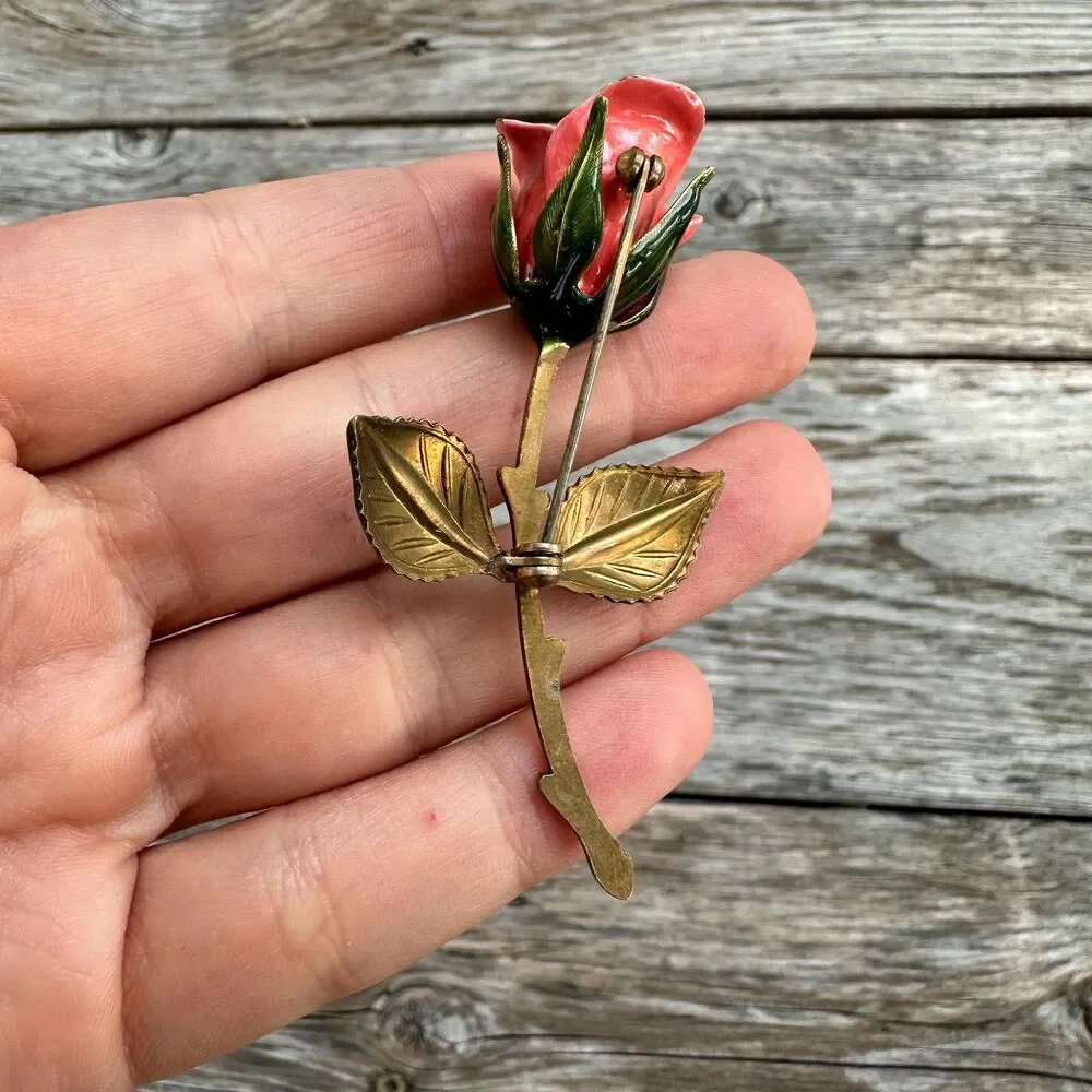 Vintage Enamel Rose Brooch - Picture 3 of 4